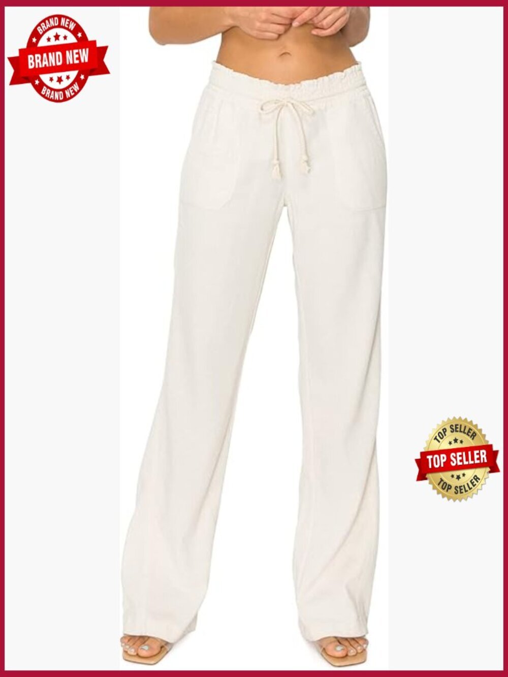 Womens Casual Linen Pants Drawstring Smocked Waist Beach Lounge Trousers